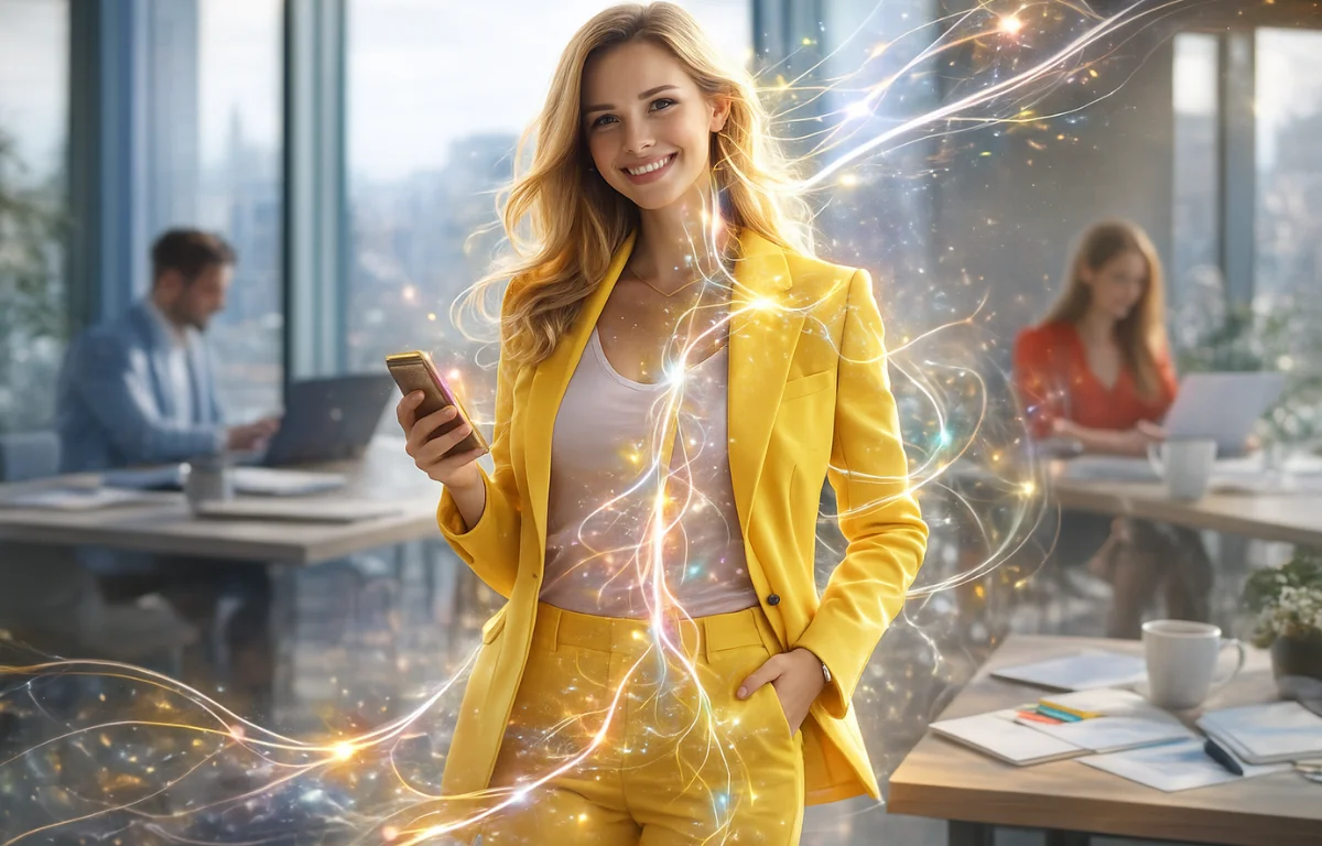 Жінка в жовтому костюмі в офісі — приклад dopamine dressing: як одяг впливає на мотивацію, внутрішній рух і емоційний стан.